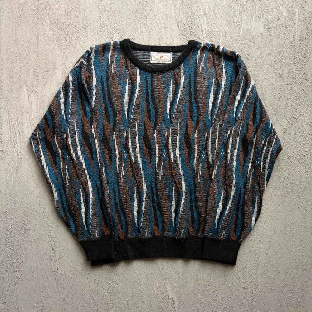 Vintage Pinnacle Sweater Medium Blue 1990s Coogi Style Abstract Argyle